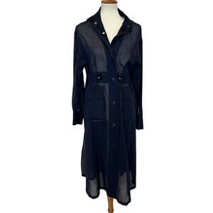 Elaine Kim Dark Blue Sheer Midi Shirt Dress SMALL Career Duster Designer $695